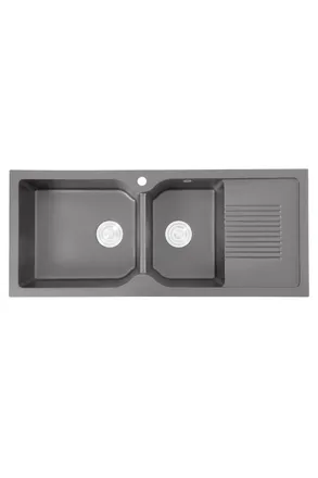 Living and Home Double Bowl Quartz Resin Composite Kitchen Sink with Waste Kit in Grey