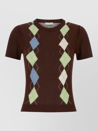 Ganni cotton sweater argyle pattern crew neck