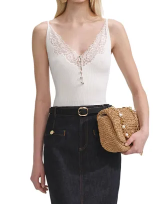 Self Portrait Rib-Knit Top With Lace Trim And Crystal Button Front