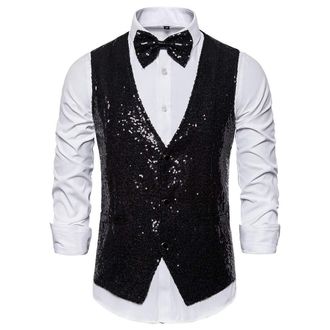 Generic Sequin Waistcoat Men Mens Performance Vests Men Shiny Sequin Suit Vest Mens Vest And Tie Set Waistocat V Neck Solid Color Glitter Waistcoat For Party 