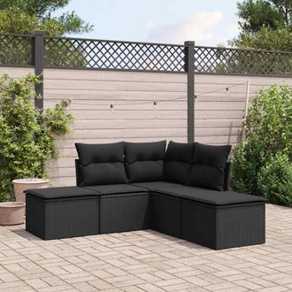 vidaXL Set De Muebles De Jard&iacute;n 5 Pzas Y Cojines Rat&aacute;n Sint&eacute;tico Negro Vidaxl