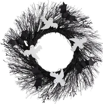 Nearly Natural Halloween Ghost And Bats Twig Wreath 22In