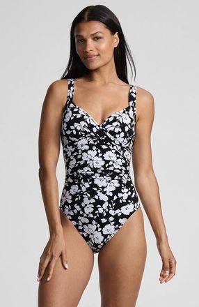 Lands End Sweetheart Underwire Wrap One Piece Swimsuit in Black Blossom Floral at Nordstrom, Size 14