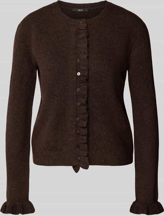 Zero Strickjacke mit Rundhalsausschnitt und Rüschen in Dunkelbraun, Größe 36