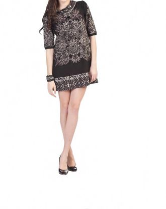 Papillon 3/4 Sleeve Pleat Front Geometric Border Dress In Black