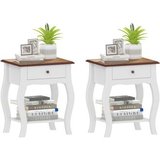 HOMCOM Homcom - Pack De 2 Mesitas De Noche Con Caj&oacute;n Estante Abierto Y Tapa Efecto Roble Estilo Franc&eacute;s Para Dormitorio Sal&oacute;n 45x35x55 Cm Blanco Y Roble