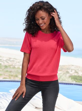 Vivance Kurzarmshirt VIVANCE mit breitem Bund, Damen, Gr. 32/34, rot (korallenrot), Feinstrick, Obermaterial: 55% Polyester (REPREVE), 43% Viskose, 2% Elastha