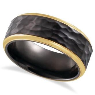 Allurez Mens Hammered Wedding Ring Band 18K Yellow Gold PVD Black Titanium at Nordstrom, Size 10