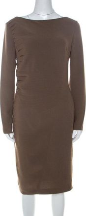 Escada Olive Green Crepe Side Pleated Long Sleeve Shift Dress