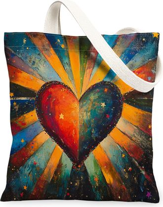 Generic Heart Canvas Tote Bags, Colorful Art Design Reusable Grocery Bags, Vibrant Bohemian Lightweight Washable Shoulder Strap for Travel Beach 13x15 Inch