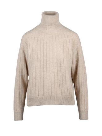 Eleventy Beige Wool-Blend Ribbed Knit Turtleneck Sweater