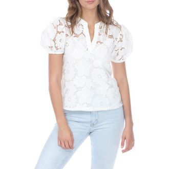 Rain + Rose Floral Lace Puff Sleeve Top in White at Nordstrom Rack, Size Medium