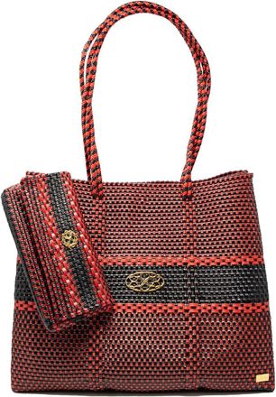 Lola's Bag Womens Travel Woven Striped Tote Bag With Clutch In Red/black