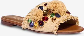 Dolce & Gabbana Flache Bast-Pantoletten mit Kristallen und Pompons Bianca