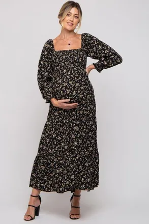 Pinkblush Floral Smocked Long Sleeve Maxi Dress in Black at Nordstrom, Size Medium