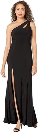 Xscape cape Maxi Dress Womens Black Cutout Side Slit One-Shoulder A-Line JDM1089
