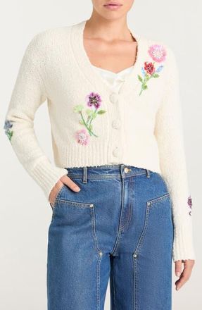 Cinq &agrave; Sept Solene Floral Embellished Boucl&eacute; Cardigan in Ivory/Multi at Nordstrom, Size Xx-Small