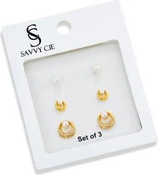 Savvy Cie Jewels 3-Pack Assorted Faux Pearl Stud Earrings in Yellow at Nordstrom Rack