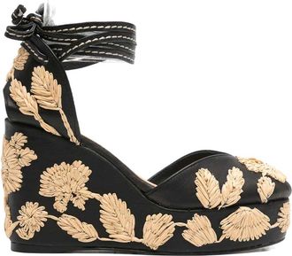 Castaner Black Floral Embroidery Platform Wedge