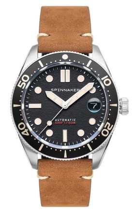 Spinnaker Croft Midsize Automatic Leather Strap Watch, 40mm in Black at Nordstrom