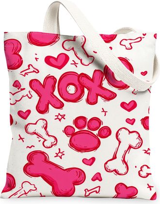 Generic Cute Animal Pattern Canvas Tote Bags, Heart and Bone Design Lightweight Washable Reusable Shopping Bags for Daily Use, Vale, Peach, 13x15 Inch