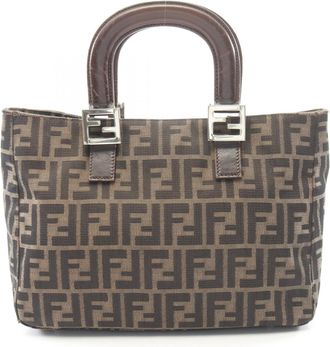 Fendi Zucca Brown Canvas Leather Handbag Tote Bag (Pre-Owned)