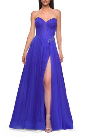 La Femme Strapless A-line Tulle Dress with Floral Waist Detail in Royal Blue at Nordstrom, Size 16