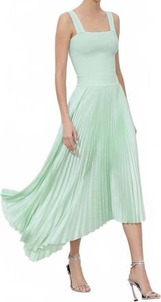 Alice & Olivia Jenara Asymmetrical Pleated Midi Skirt In Sea Spray
