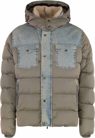 Moorer Mens Teve Denim-Panel Hooded Down Jacket In Fango
