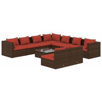 vidaXL Set Muebles De Jard&iacute;n 10 Pzas Y Cojines Rat&aacute;n Sint&eacute;tico Marr&oacute;n Vidaxl