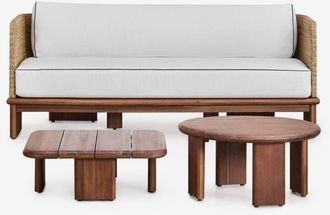 Sklum Sklum - Conjunto De Sal&oacute;n Con Sof&aacute; De 3 Plazas Y 2 Mesas De Centro En Rat&aacute;n Y Madera De Acacia Famara