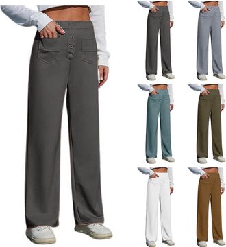 Generic Wide Leg Trousers for Women UK Tailored Office Work Stretch Yoga Pants Ladies Elasticated High Waisted Button Multiple Pockets Pull On Straight Leg Jo