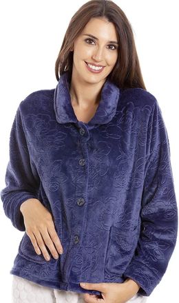Camille Womens Supersoft Fleece Bed Jacket - Luxury Soft Rose Embossed Warm Sleep Top - Button up & Long Sleeved Navy 18-20