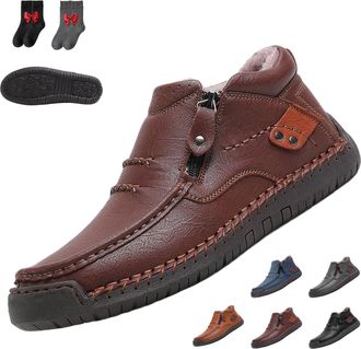 Generic Bofine Shoes for Men, Handmade Premium Leather Slip-On Driving Boot, Wide Toe Arch Support Office Shoes for Mans Casual (Brown A Plush,9.5)