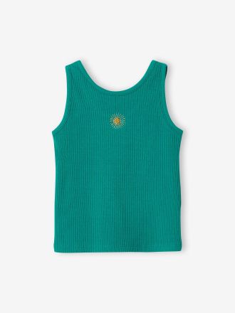 Vertbaudet Geripptes Top mit Sonnen-Stickerei M&auml;dchen smaragdgr&uuml;n
