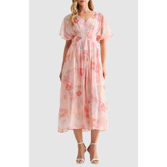 Mila Mae Floral Short Sleeve Fit & Flare Midi Dress in Dusty Pink/Mauve at Nordstrom Rack, Size X-Small