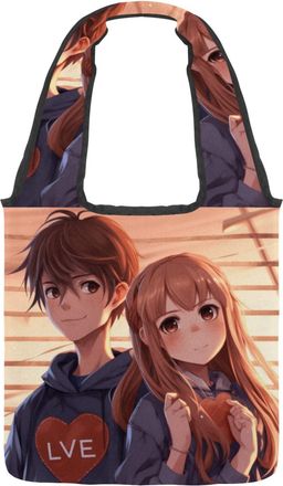 Generic Boy Girl Love Reversible Canvas Shoulder Tote - Double-Sided Print, 12oz Cotton, 27cm Drop, Fold-Flat Bag for Travel, Shopping, Street Outings