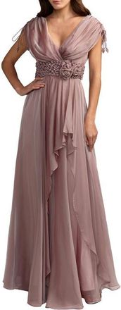 Mac Duggal Beaded Chiffon Drapped Sleeves V Neck Gown in Mocha at Nordstrom, Size 12