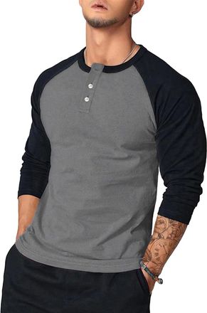 Generic Henley Shirts for Men Long Sleeve Button Down T-Shirts Jersey Baseball Tees Contrast Color Block Shirt Blouses Tops Ropa Elegante para Hombre(Grey, M)