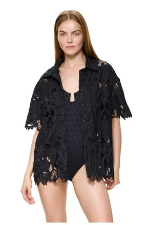 Gottex Guipure Lace Short Sleeve Button Down Shirt Cover-Up in Black at Nordstrom, Size X-Large