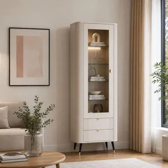 Dmora Vitrina Lokapami, Mueble Expositor Con 4 Estantes, 2 Cajones, 1 Puerta, 78x40x192h Cm Beige