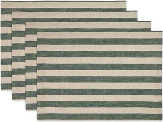 Solino Home Linen Placemats Set of 4, 14 x 19 Inch for Dining Table, Holiday and Everyday Table Decor - Sorrento Stripe in Hunter Green And Natural