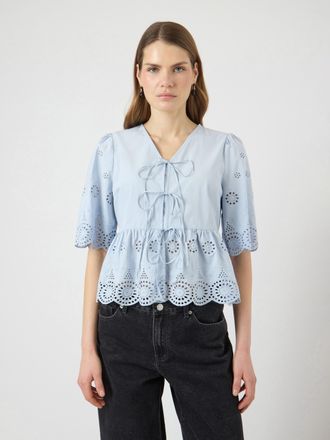 Y.A.S Spitzenbluse Y.A.S YASCORNELIA 2/4 TIE TOP S. NOOS, Damen, Gr. 34, skyway, Web, Obermaterial: 100% Baumwolle, unifarben, regular fit kurz, V-Ausschnit