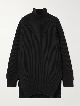 Jil Sander Pullover Oversize A Collo Alto In Lana A Coste - Nero