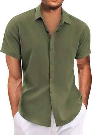 Generic Mens Short Sleeve Shirt Stretch Stain Shield Plain Shirts Regular Fit Business Blouse Casual Smart Button Down T-Shirt,Green,M