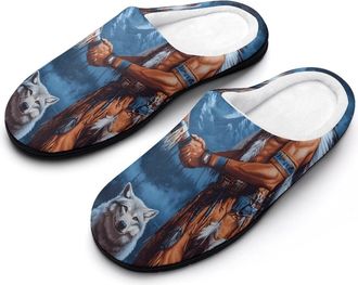 Generic Native Chiefs Wolf And Moon Cotton Slipper for Women Indoor Outdoor House Shoes Anti-Skid Slippers with Rubber Sole