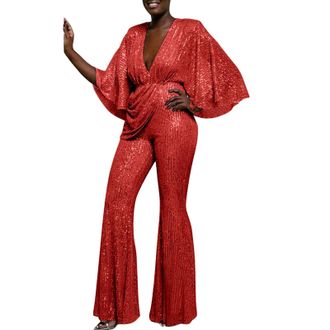Generic Women Sparkly Dressy Jumpsuit Deep V Neck Long Sleeve Clubwear Sequin Jumpsuit Elegant Plus Size Wide Leg Long Pants Rompers Festival Glitter Costume 
