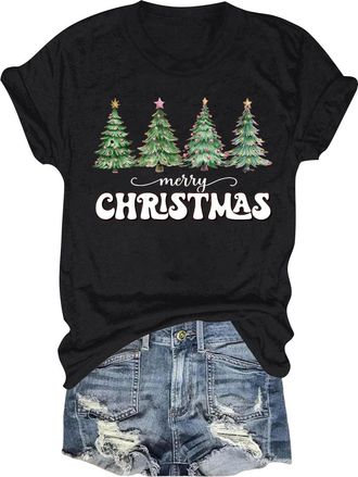 Generic 2025 Fashion T Shirts Womens Blouse Loose Tunic Christmas Shirts for Women Merry and Christmas Shirt Xmas Tree Graphic Holiday T Shirt Tops Silk Long 