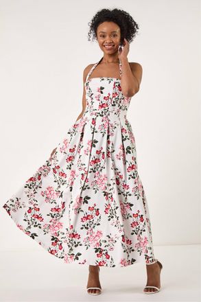 Roman Womens Petite Floral Print Cotton Midi Dress - Ivory - Size 18 UK