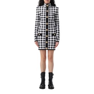 Balmain Elegant Gingham Mini Dress with Gold Buttons